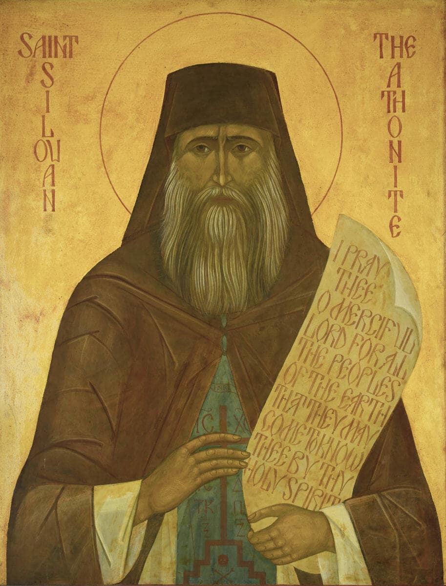 Icon of Saint Silouan with scroll, "I pray Thee, O Merciful Lord, have mercy on all the peoples of the earth, that they may know Thee by Thy Holy Spirit