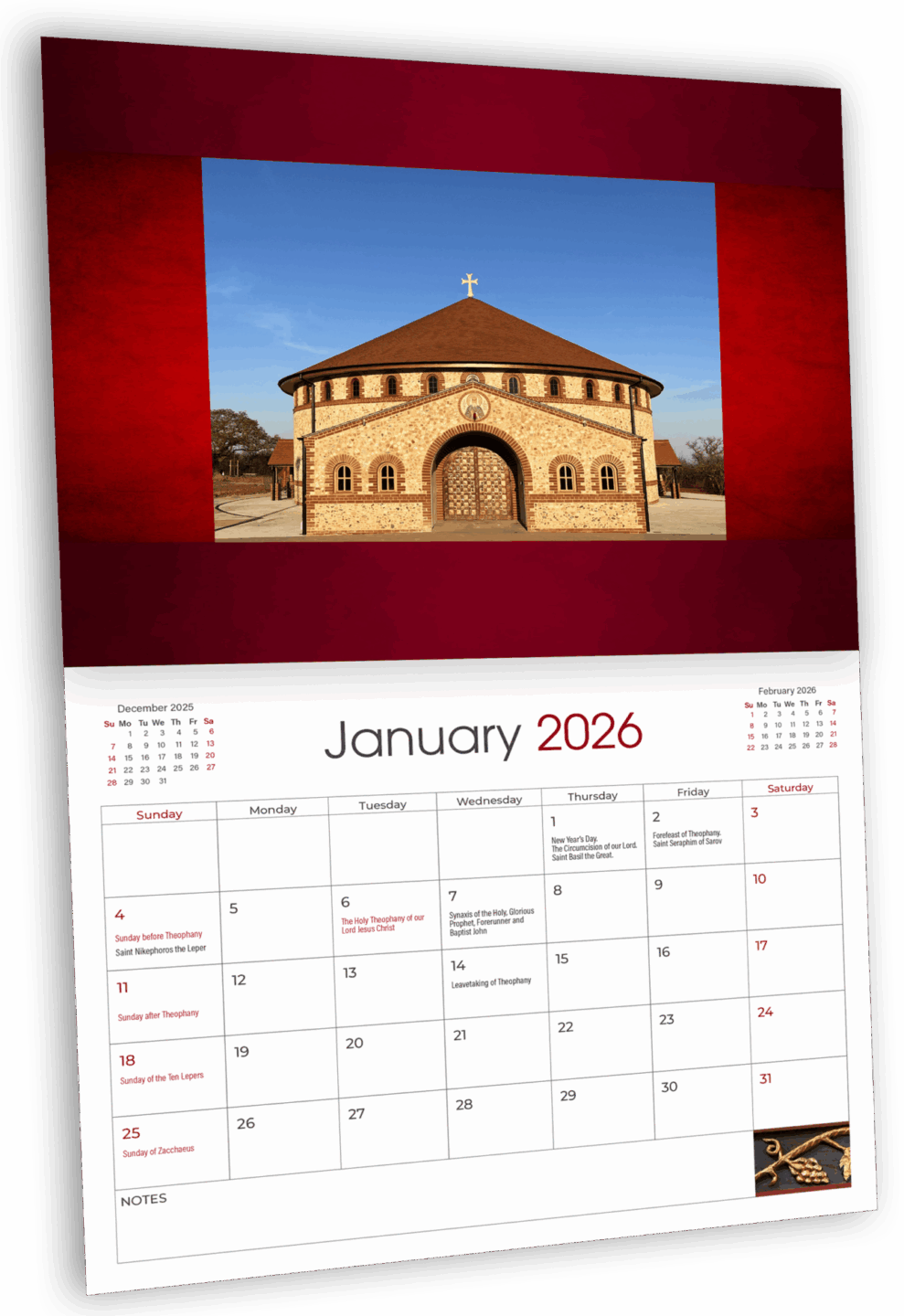 January 2026 calendar featuring a church on a hill