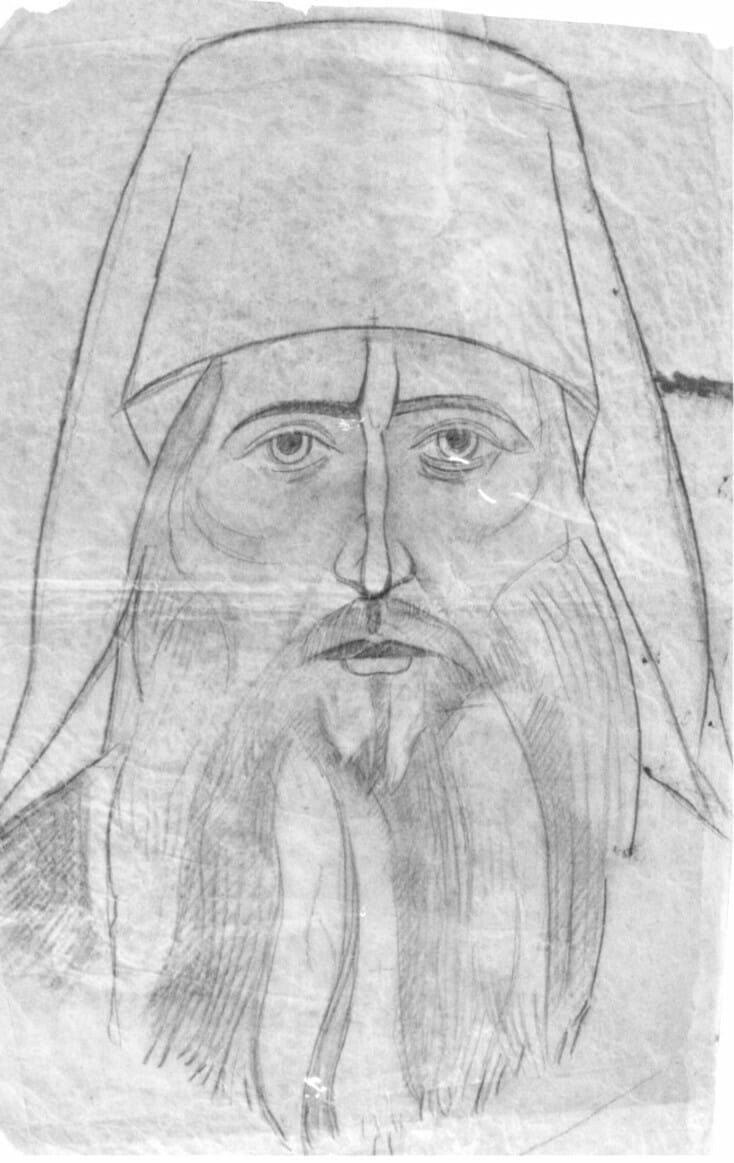 Pencil sketch of an elder monk with a long beard and hood
