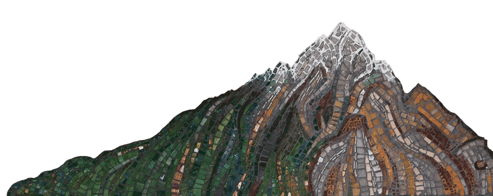 Mosaic art depicting a majestic mountain range with snow-capped peaks and lush green slopes.