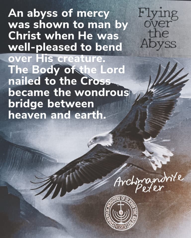 Eagle flying over mountains with text "Flying over the Abyss" and "Archimandrite Peter