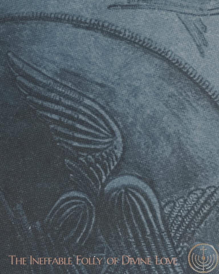 Blue textured background with intricate angel design and text "The Ineffable Folly of Divine Love