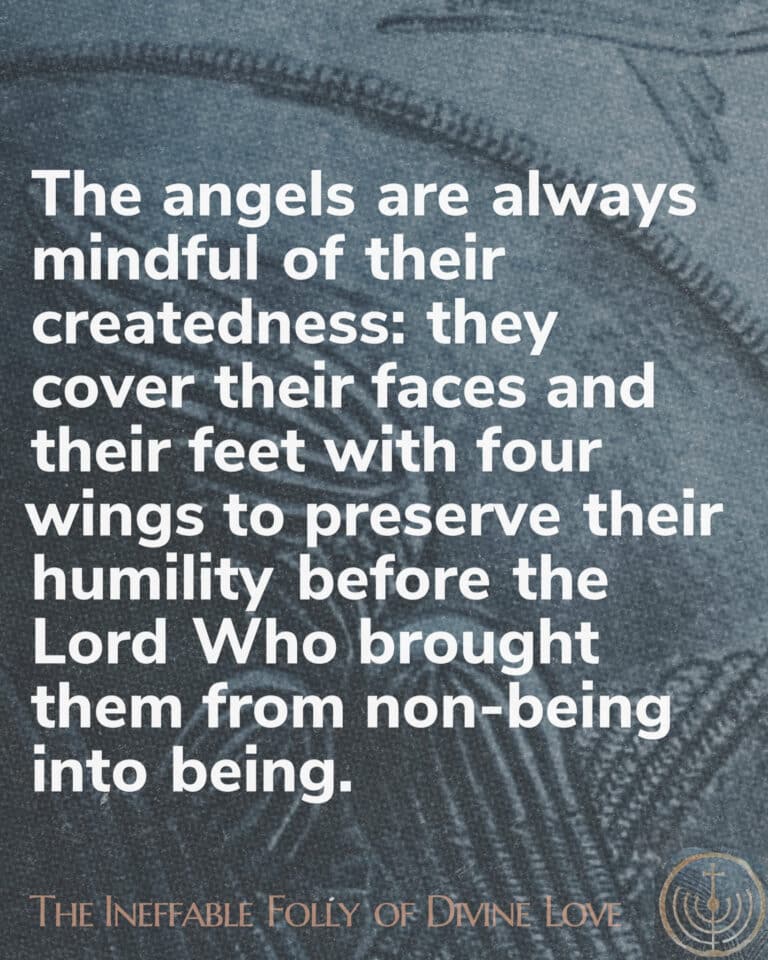 Quote about angels' humility and createdness from The Ineffable Folly of Divine Love.