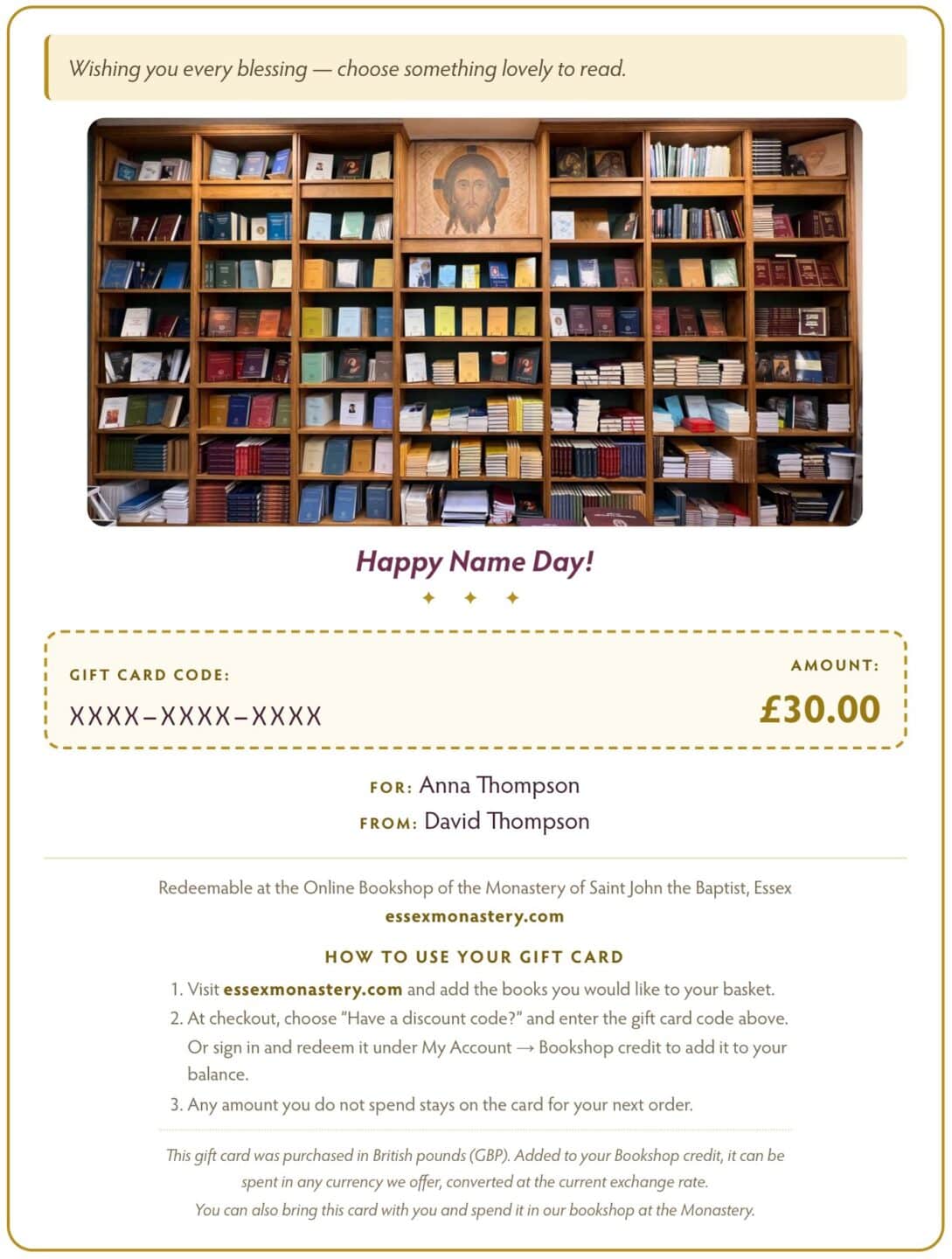 Example of a printed Essex Monastery Bookshop gift card showing a sample code, amount, recipient and sender names, a personal message and how to redeem it