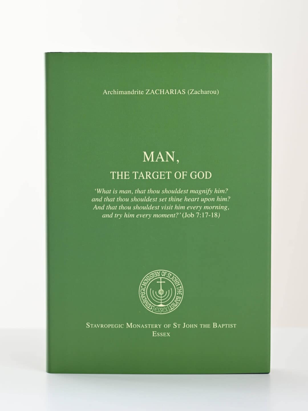 Green book cover with "MAN, THE TARGET OF GOD" and Archmandrite Zacharias text