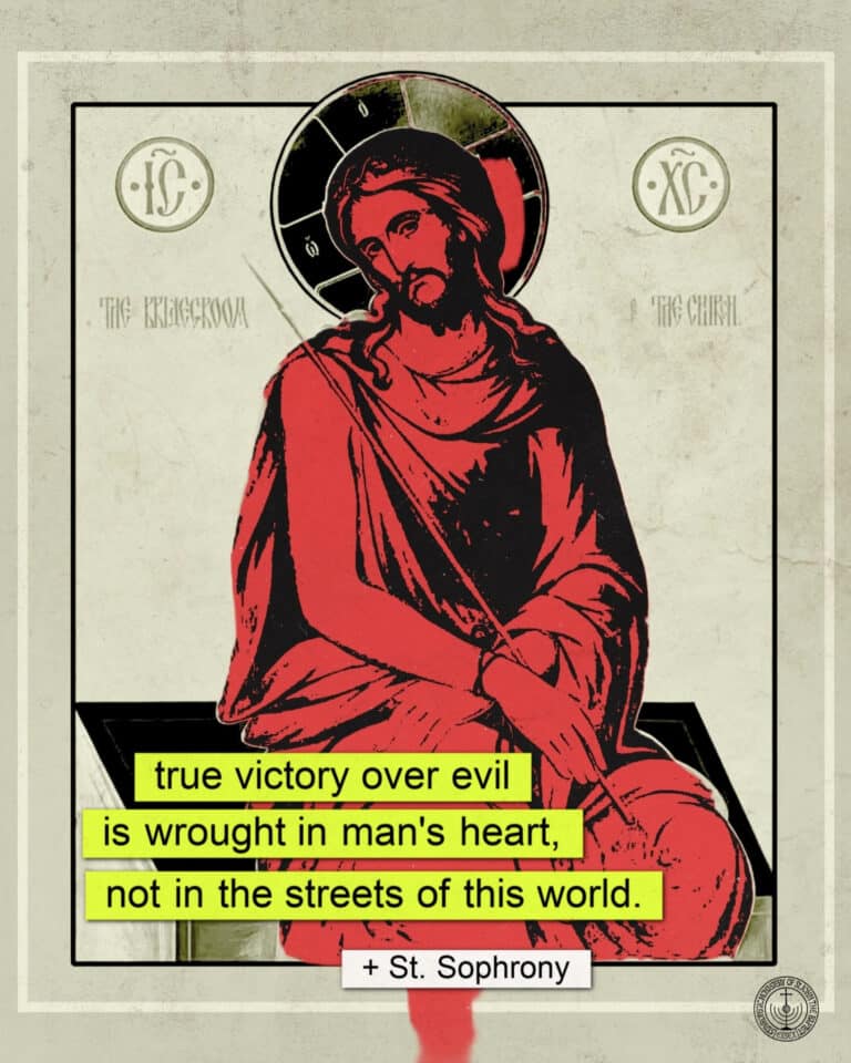 Red icon of Jesus Christ with quote: "true victory over evil is wrought in man's heart, not in the streets of this world.