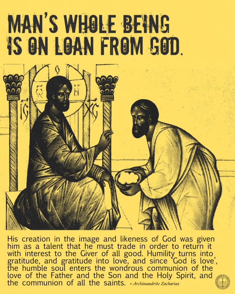 Man's whole being is on loan from God, with Jesus offering bread to a disciple.
