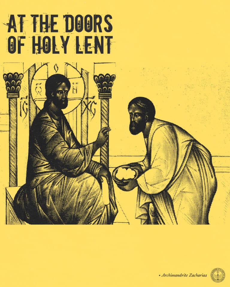 Illustration of two men, one seated and the other kneeling, with the words "At the Doors of Holy Lent" on yellow background