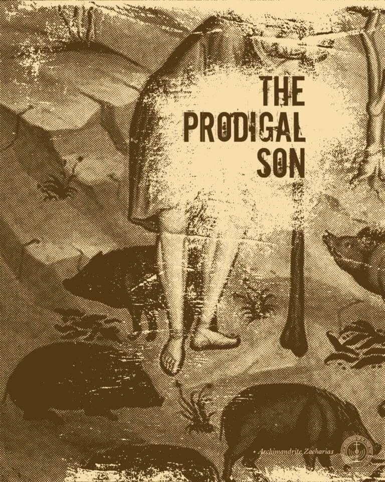 The Prodigal Son: vintage poster with biblical imagery of pigs and a figure