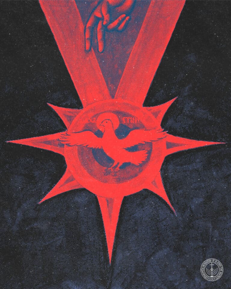 Red dove symbol with pointing hand above, on dark background.