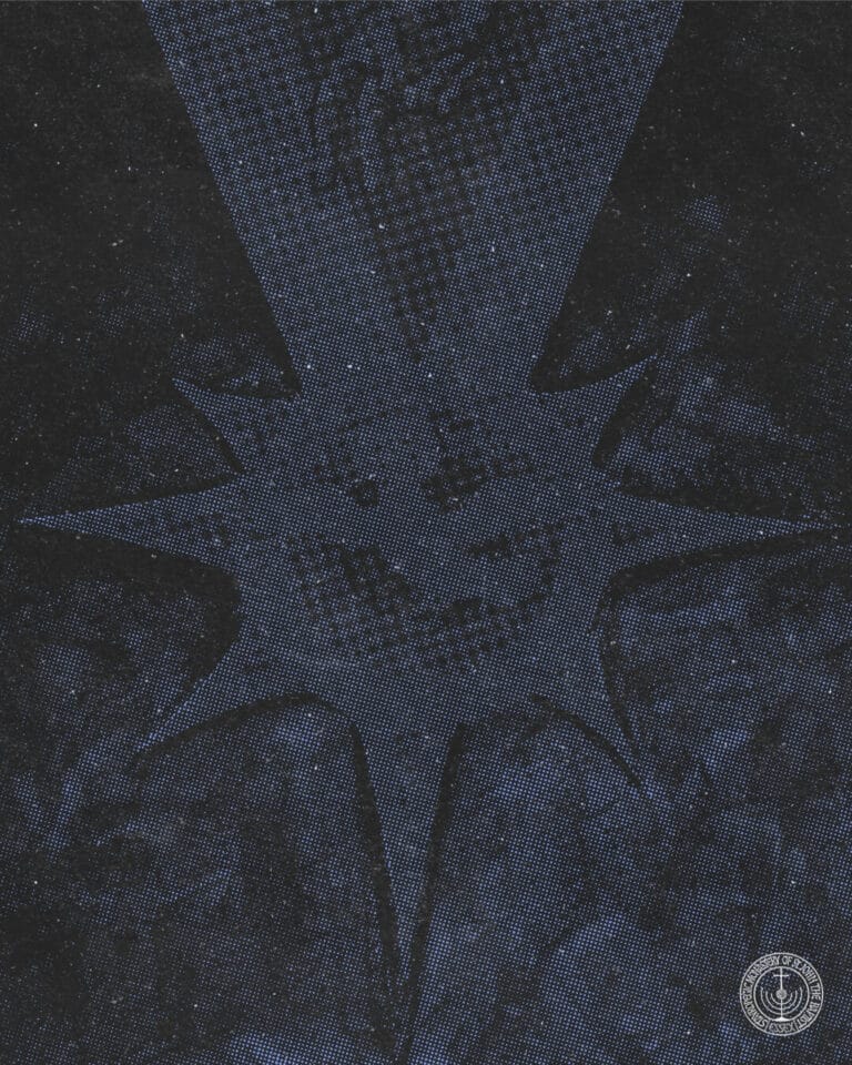 Dark blue starburst pattern with faint text and a circular seal in the corner
