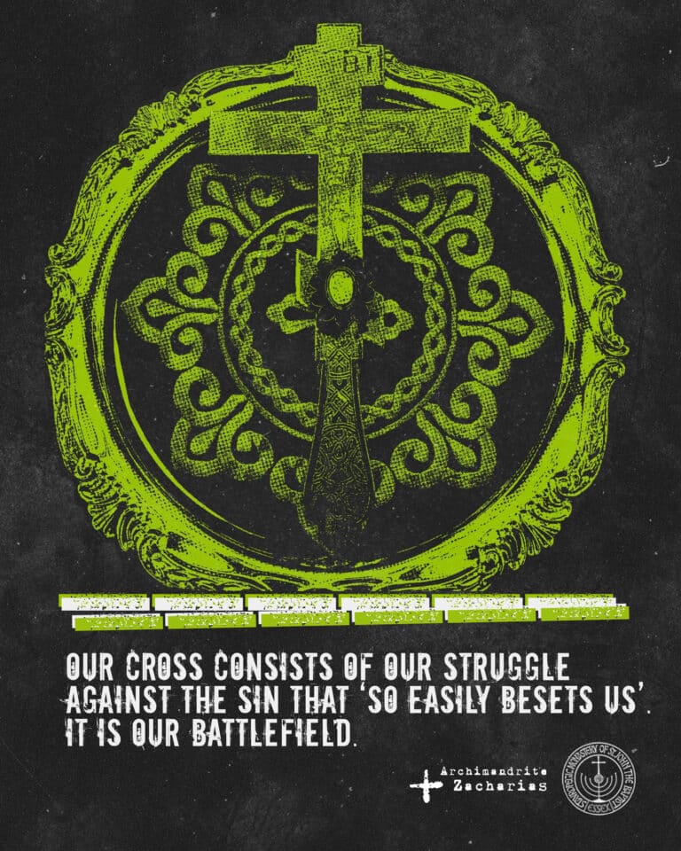 Green Celtic cross within a circular frame, with text: "Our cross consists of our struggle against the sin that so easily besets us. It is our battlefield.