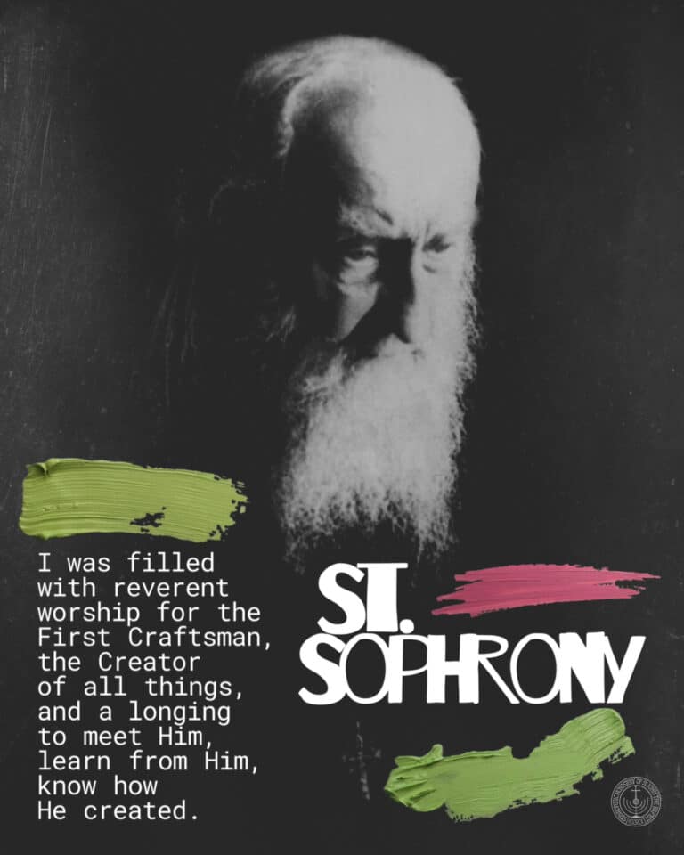 St. Sophrony quote about the Creator with a portrait and paint strokes