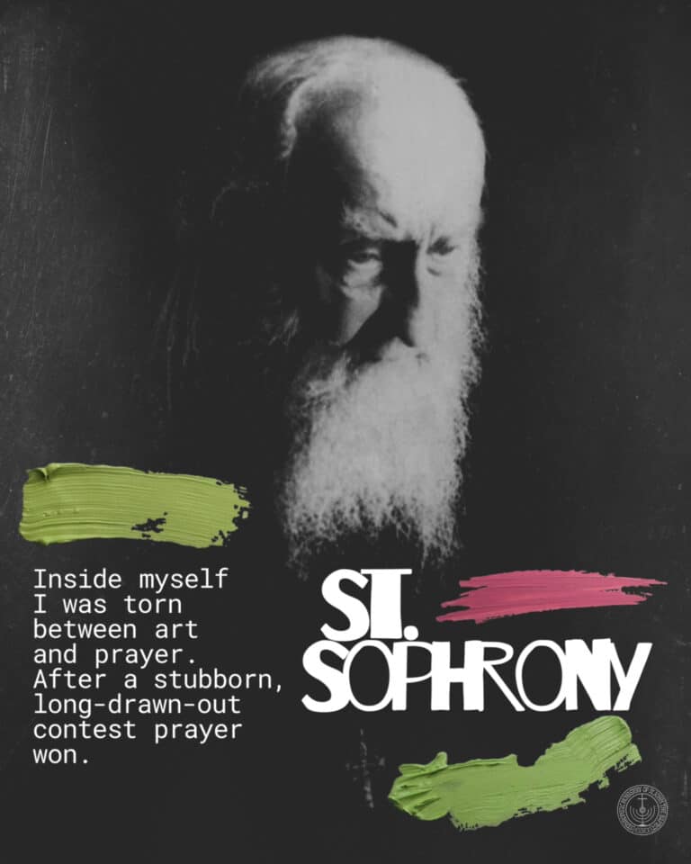 St. Sophrony quote about art and prayer, with a portrait and paint strokes.