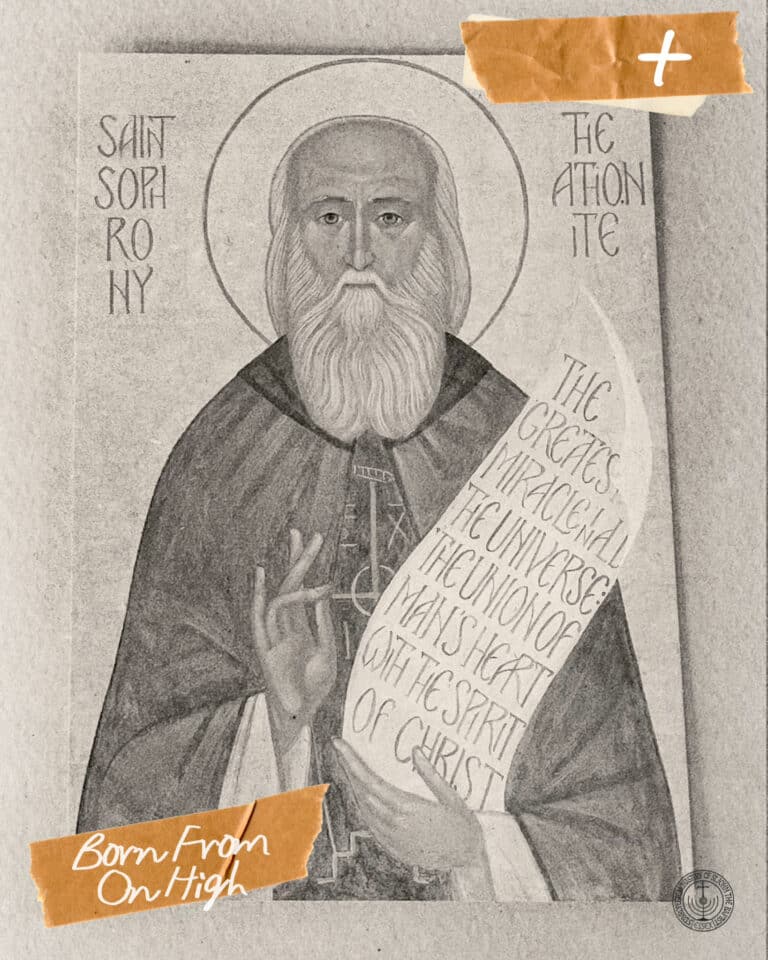 Saint Sophronius, holding a scroll with text about the spirit of Christ