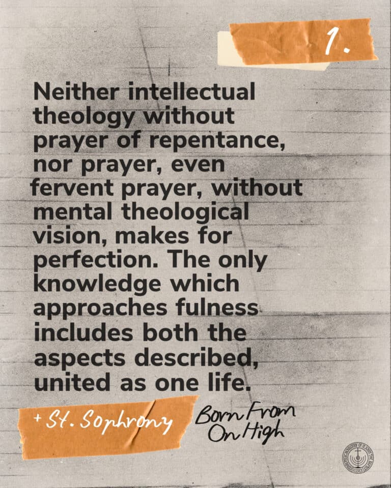 Quote by St. Sophrony: "Neither intellectual theology without prayer of repentance, nor prayer, even fervent prayer, without mental theological vision, makes for perfection.