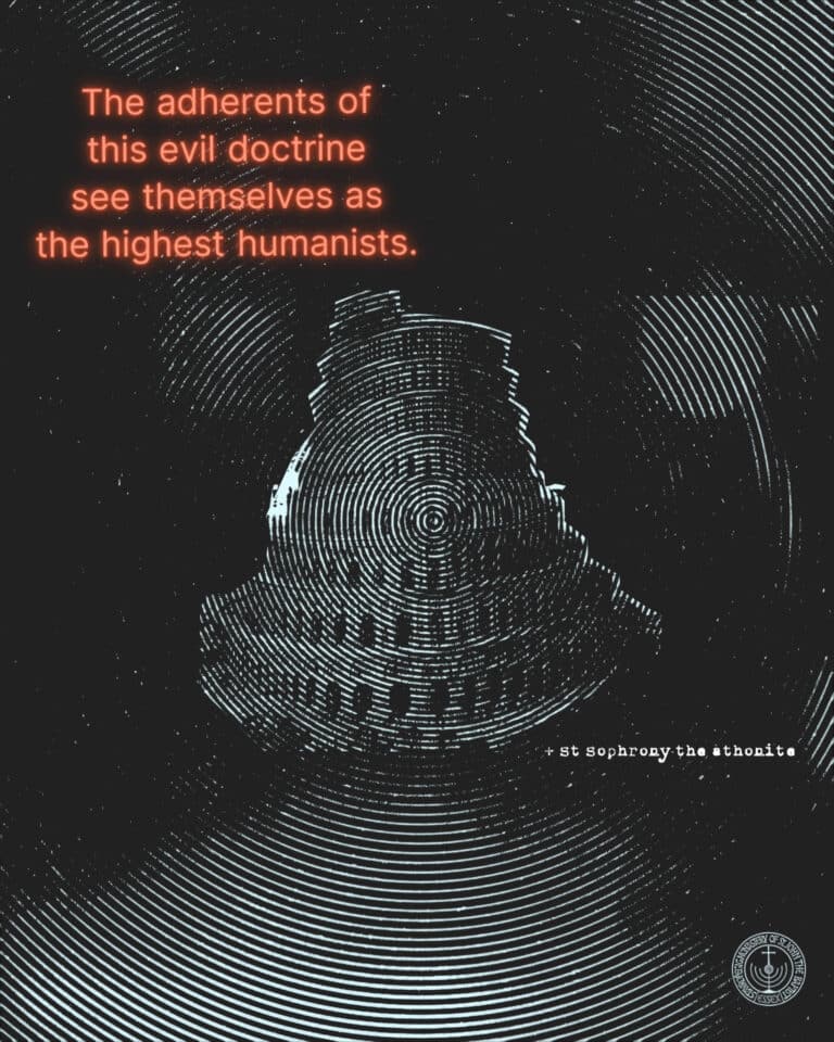 Text about evil doctrine and humanism, with concentric circles design.