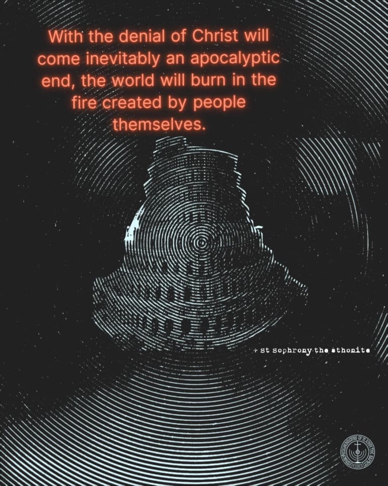 Quote about denial of Christ and world burning, with stylized building graphic