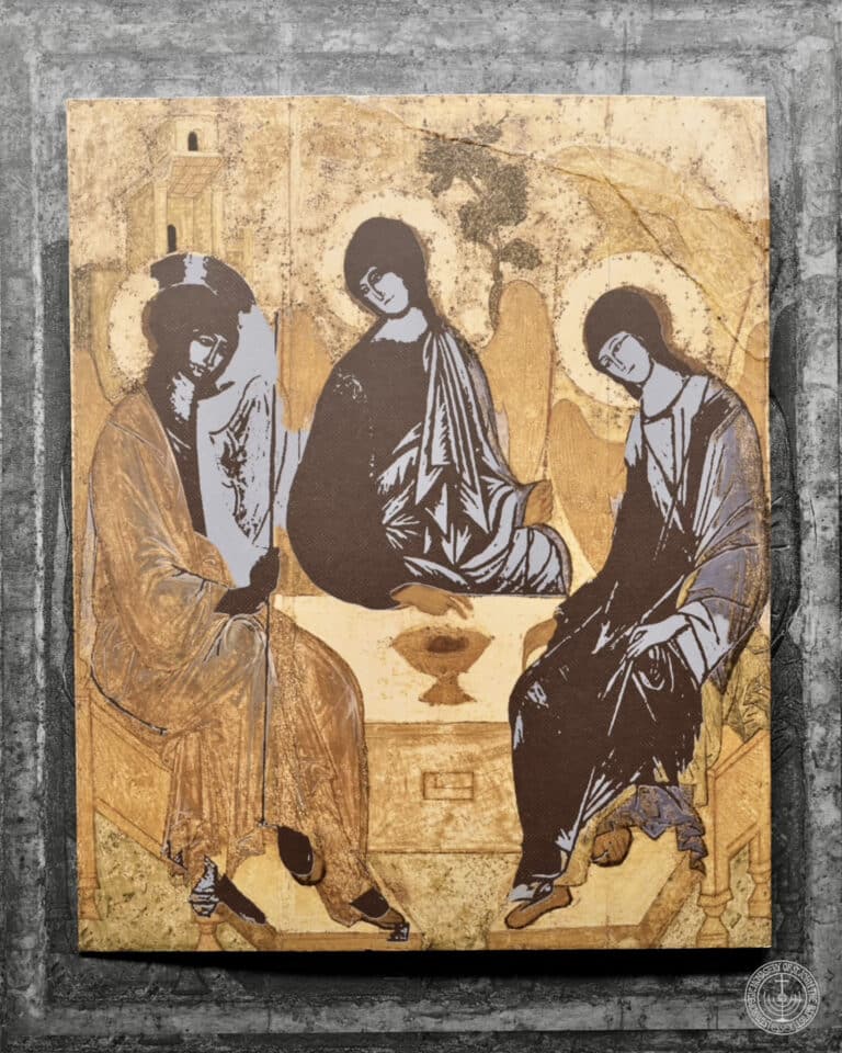 Icon of the Holy Trinity at a table, symbolizing hospitality and divine presence.