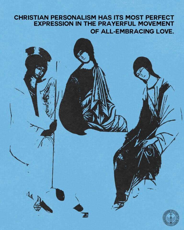 Christian personalism: Three figures in Byzantine style, text about love.