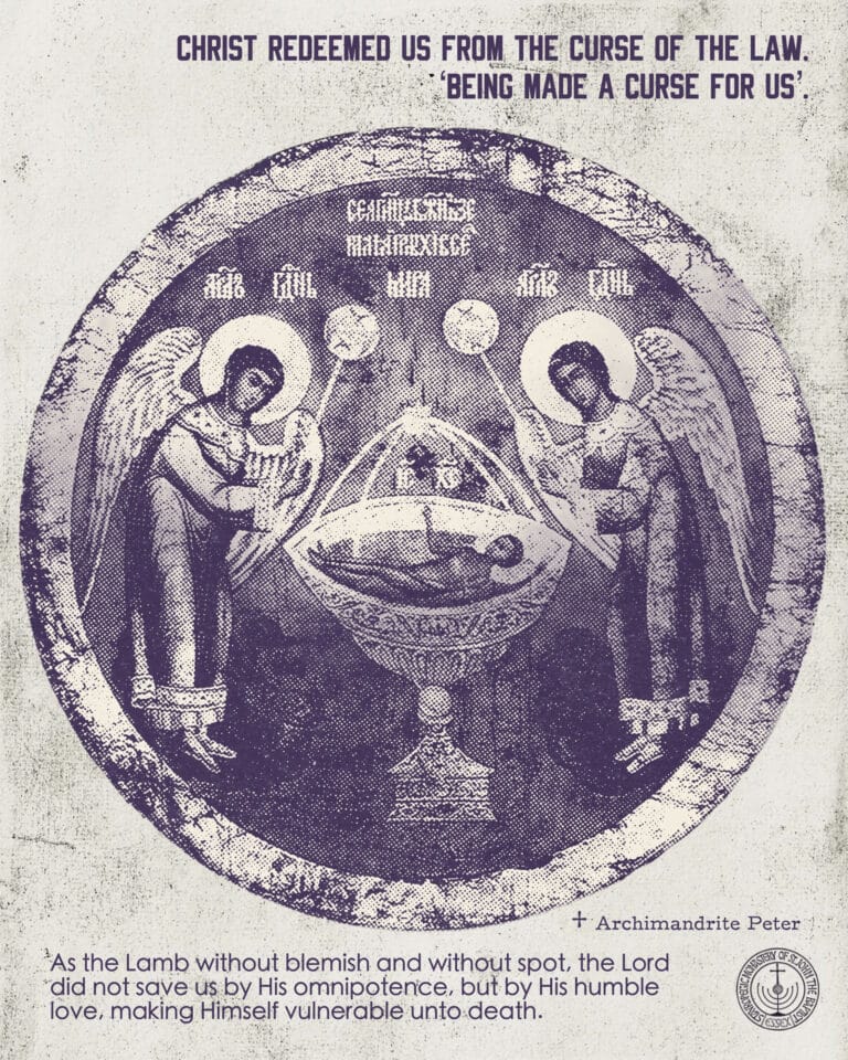 Orthodox icon: Christ, angels, chalice, biblical text, "Christ redeemed us