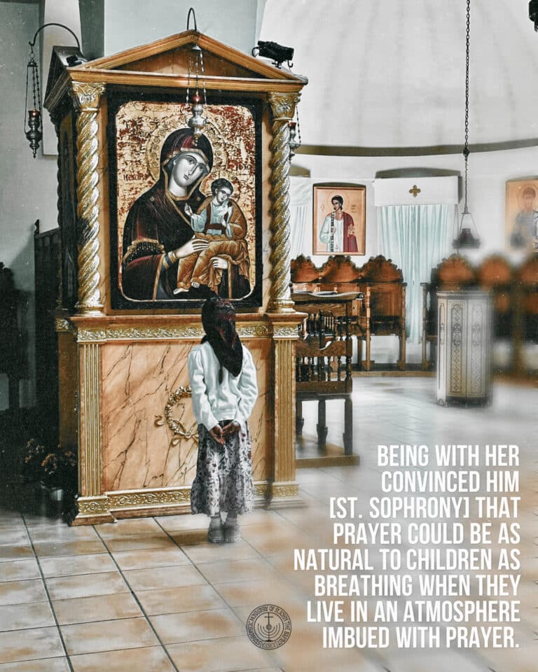 Child in church looking at icon of Virgin Mary and Jesus