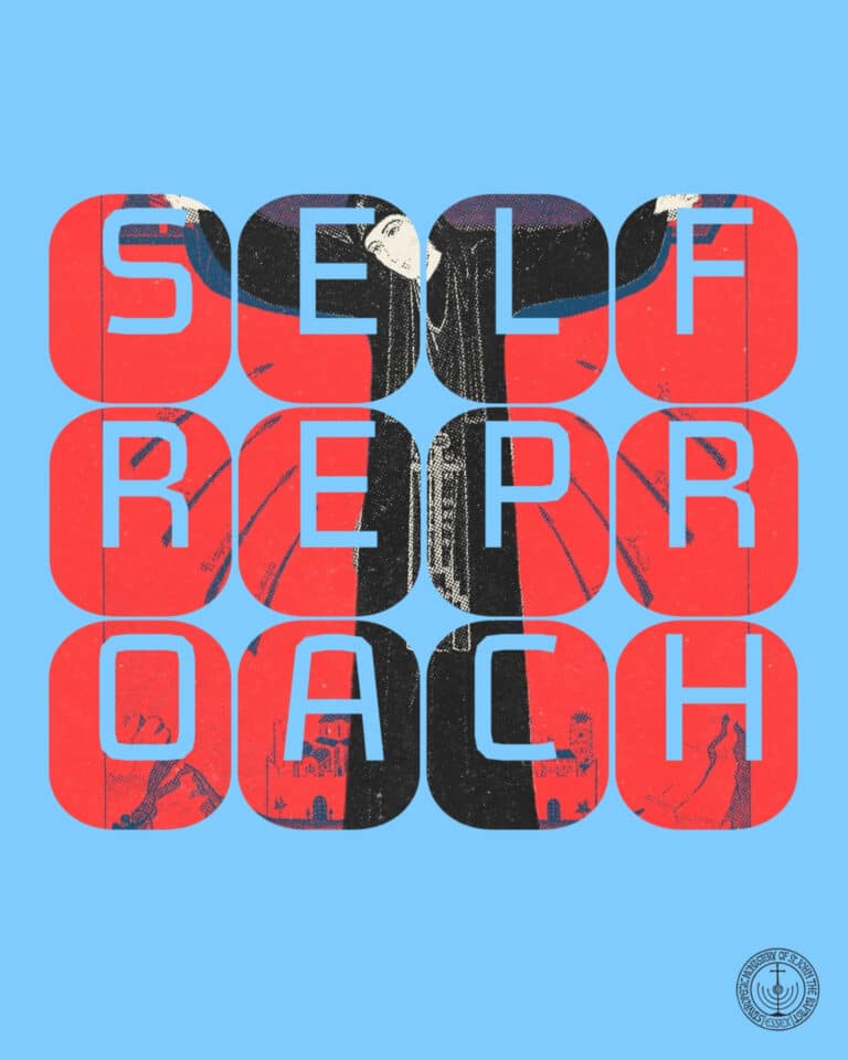 Self-Reproach text over abstract figures, university logo.