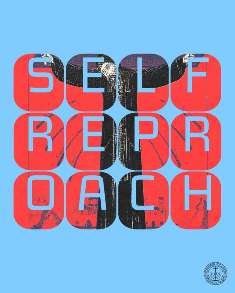 Self-reproach text over a figure in a red and black robe.
