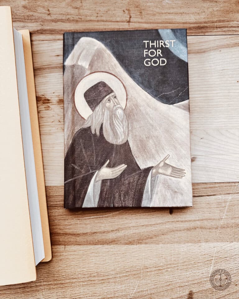 Cover of "Thirst for God" book featuring a painting of an elder looking upwards