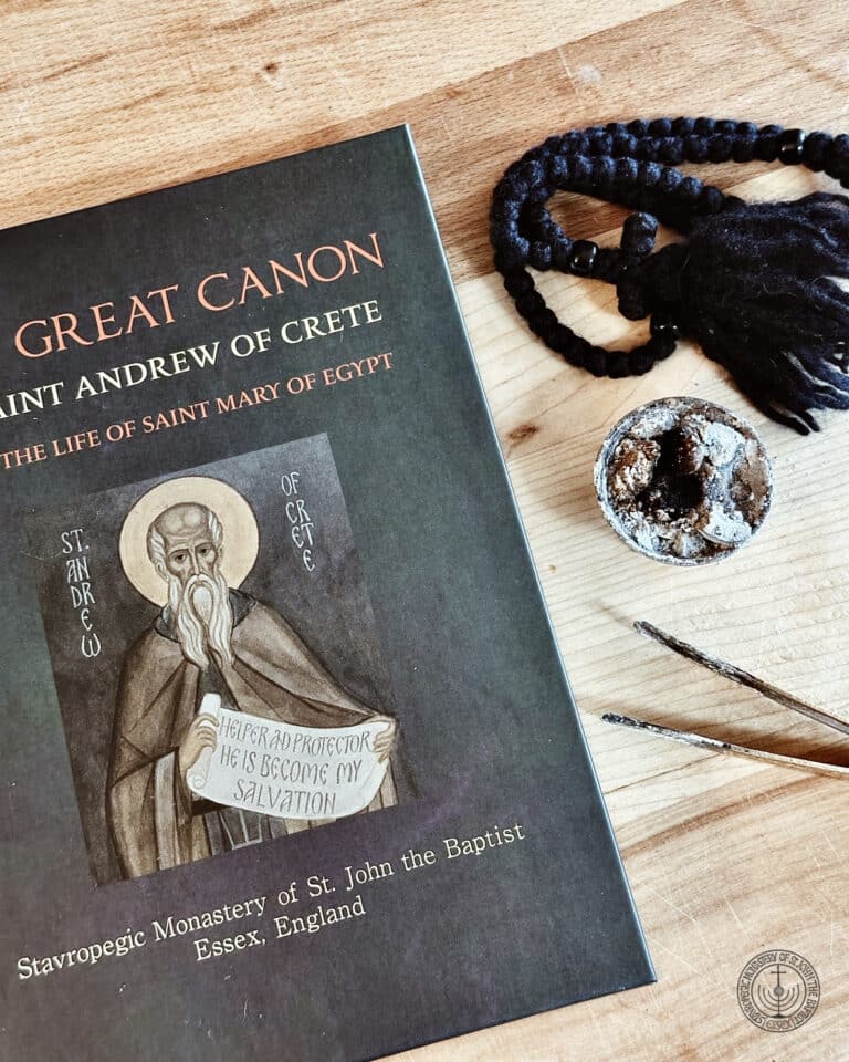 Book cover of "Great Canon: Saint Andrew of Crete" with prayer beads and incense