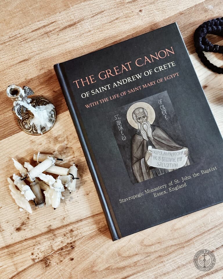 The Great Canon of St Andrew book cover with Orthodox prayer beads and candles