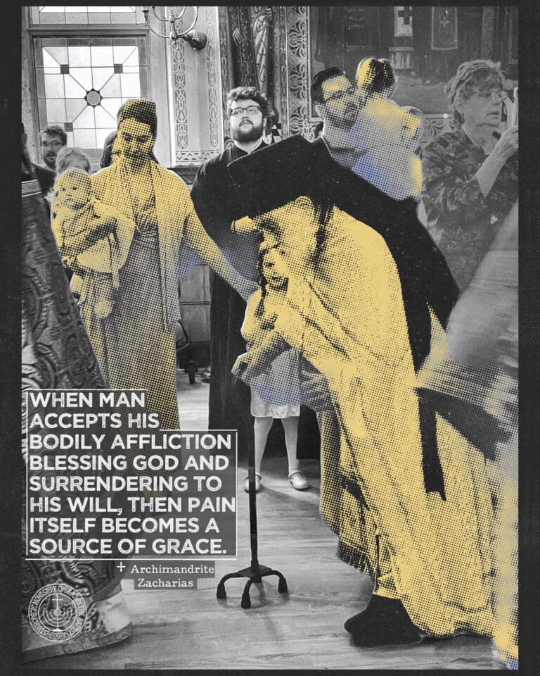 Orthodox clergy in yellow robes, accepting suffering as grace, with text.