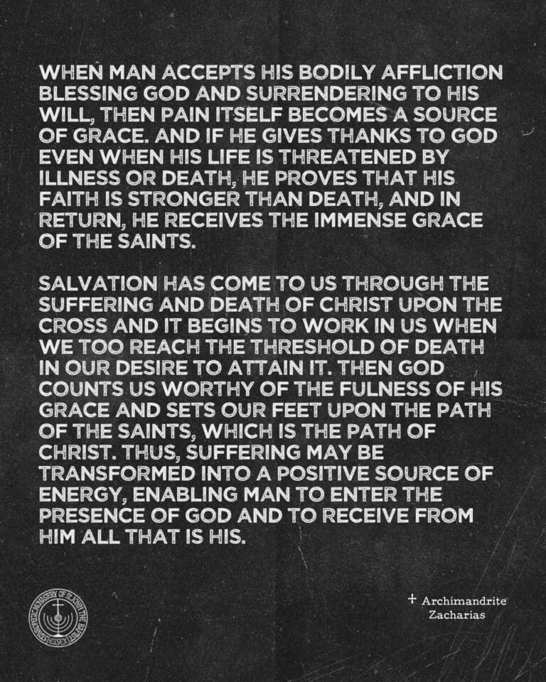 Text on a dark background: Suffering as a source of grace, path of Christ, Arch. Zacharias