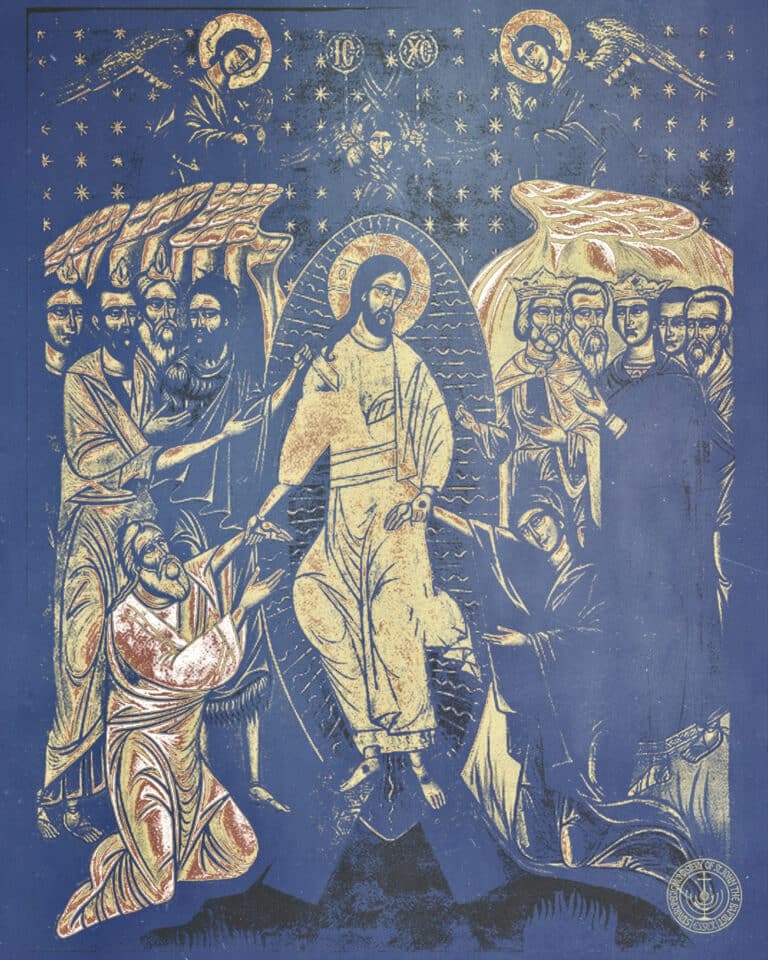 Resurrection of Christ icon: Jesus rises from tomb, greeted by saints and angels.