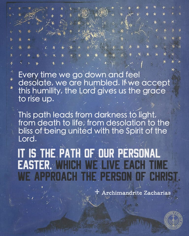 Text on blue background: "It is the path of our personal Easter..." - Archimandrite Zacharias