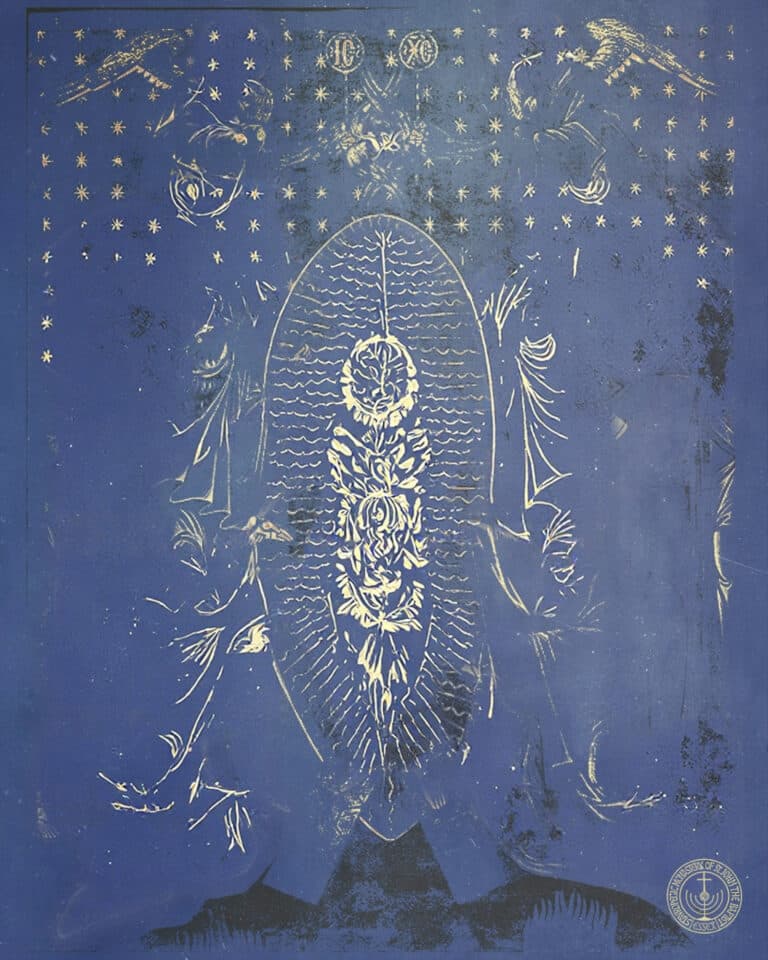 Surreal blue and gold artwork depicting a central oval with intricate patterns and figures.