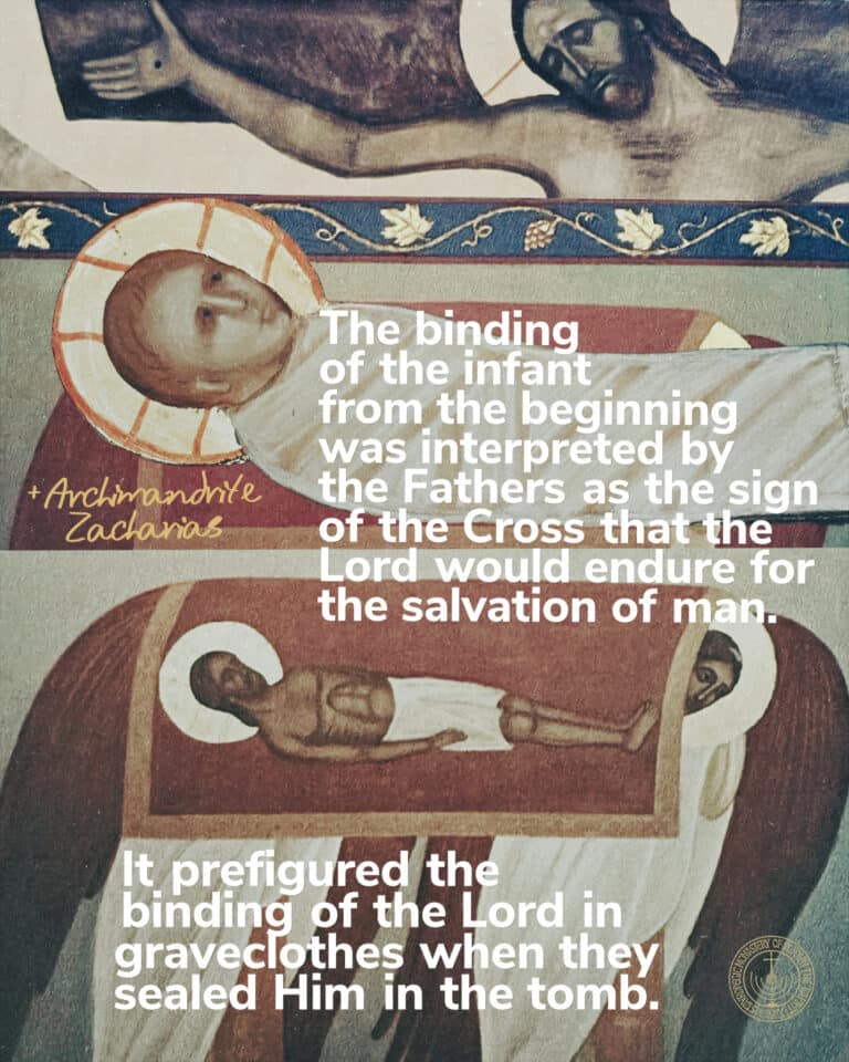 Iconography: Infant Jesus' binding prefigures Christ's burial shroud in tomb