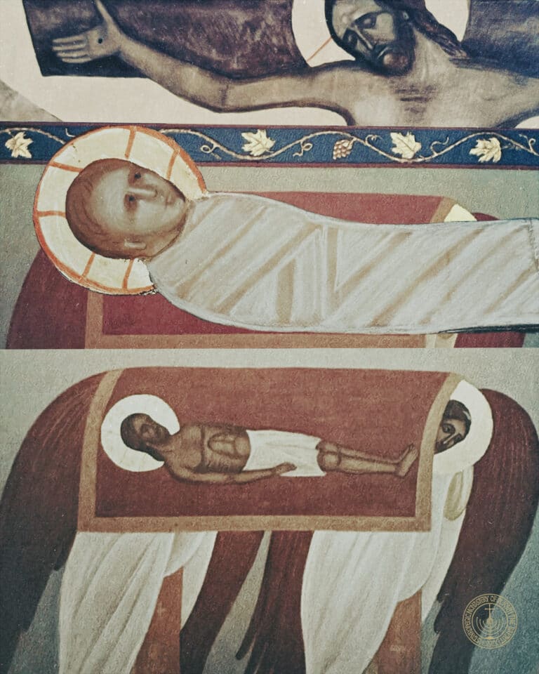 Three panels: Jesus on cross, Jesus in tomb, Jesus rising from tomb.