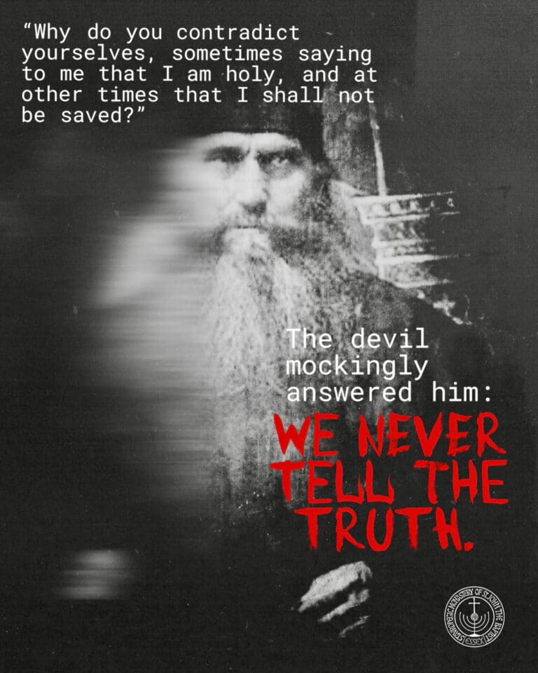 Why do you contradict yourselves?" text over a blurred image of a man with a long beard, with "WE NEVER TELL THE TRUTH." in red text.