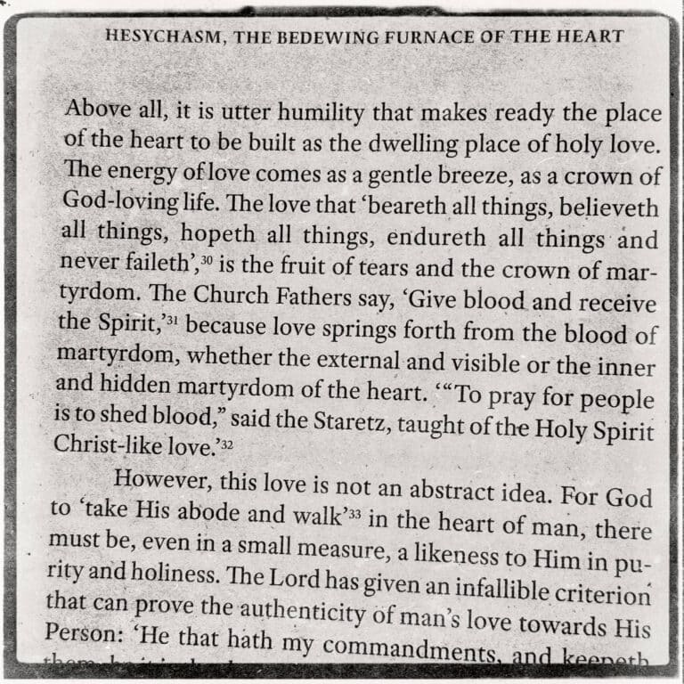 Text from "Hesychasm, The Bedewing Furnace of the Heart" about love, humility, and the Holy Spirit.