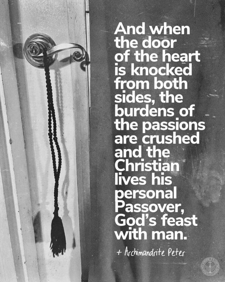 A black rosary hangs from a door handle, with text about the Christian Passover.