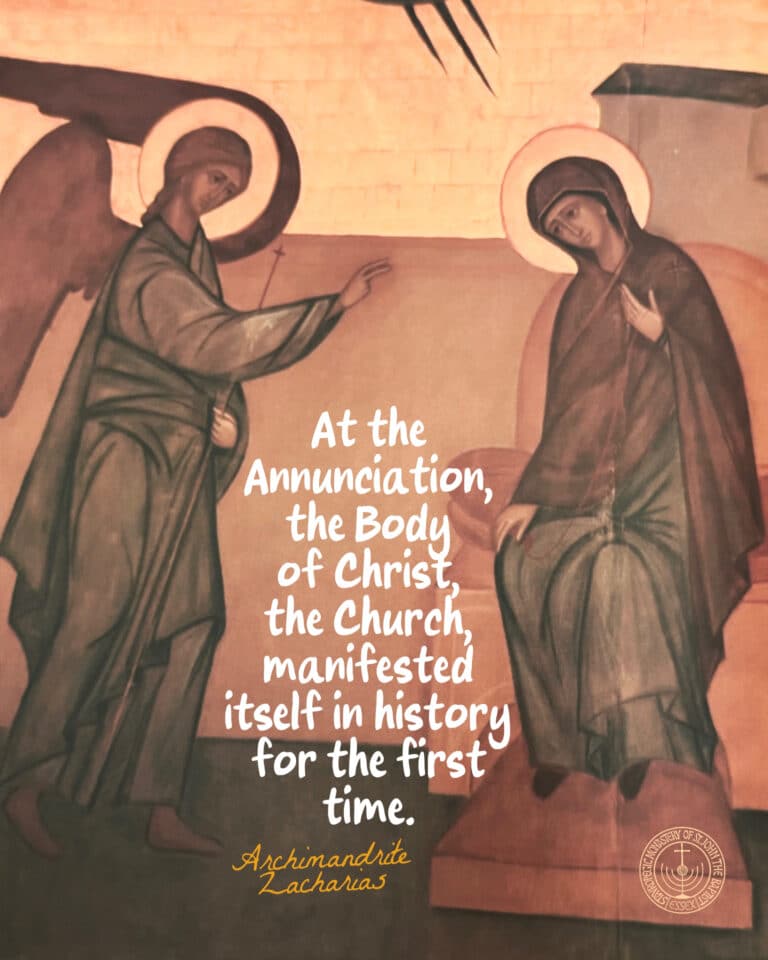 Annunciation painting with text: "At the Annunciation, the Body of Christ, the Church, manifested itself in history for the first time.