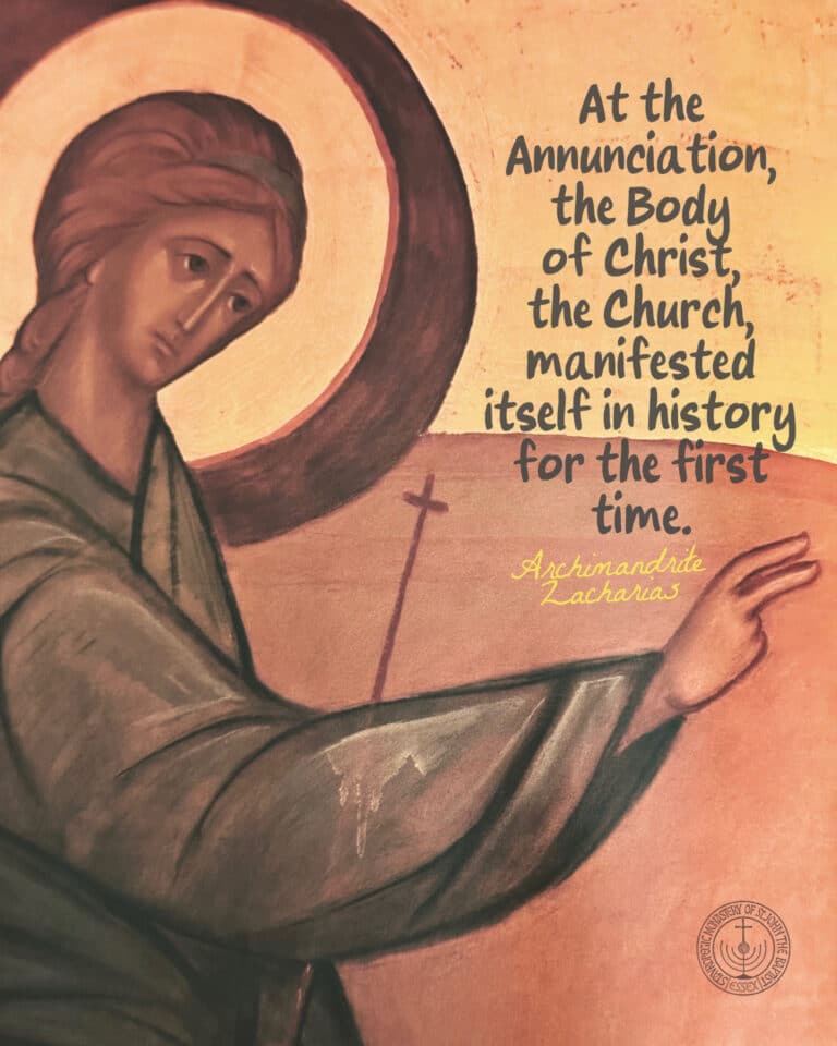 Icon of Mary with text about the Annunciation and the Body of Christ.