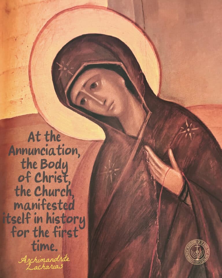 Icon of Mary at the Annunciation, with text "At the Annunciation, the Body of Christ, the Church, manifested itself in history for the first time.