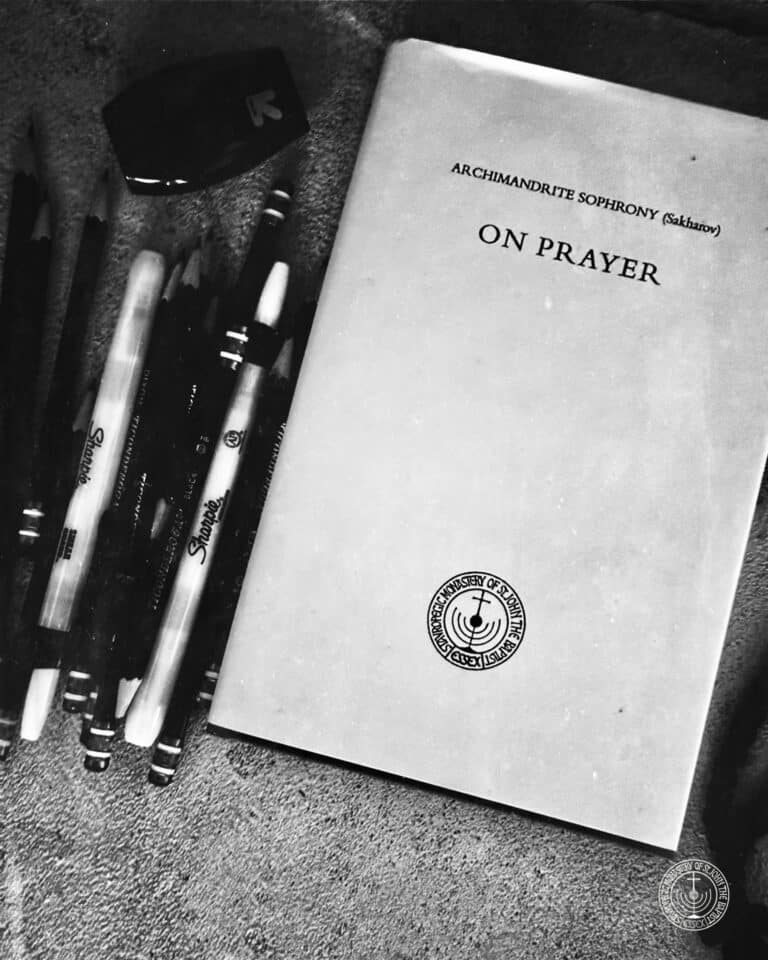 Book "On Prayer" by Archimandrite Sophrony, with pencils and eraser