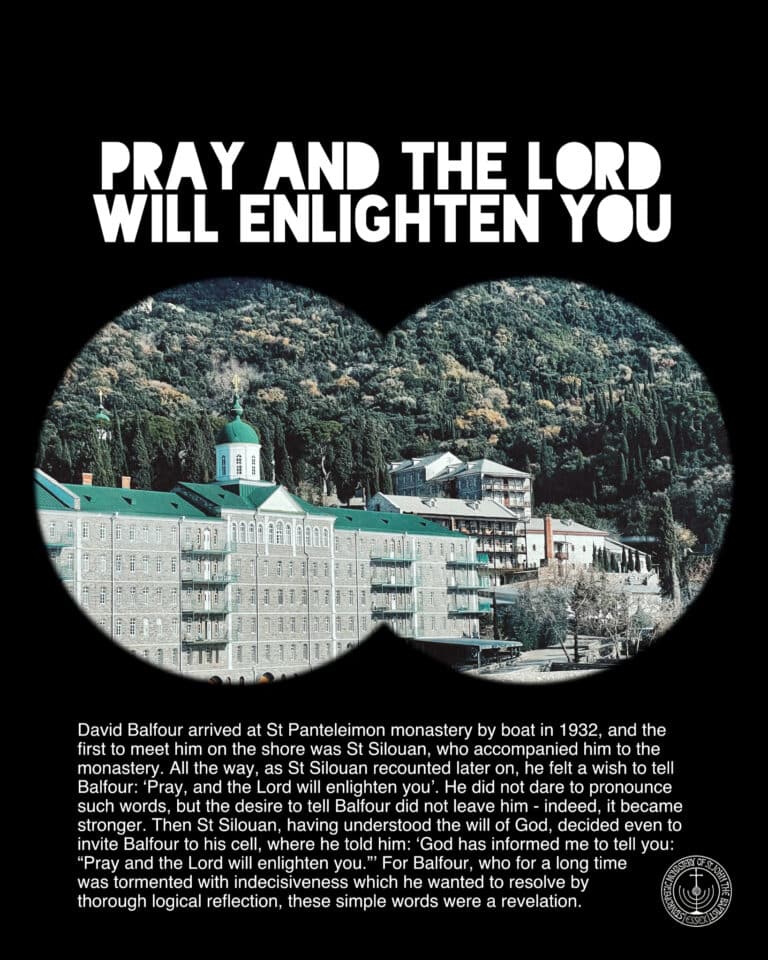 St. Panteleimon monastery in Greece viewed through binoculars, text: "PRAY AND THE LORD WILL ENLIGHTEN YOU