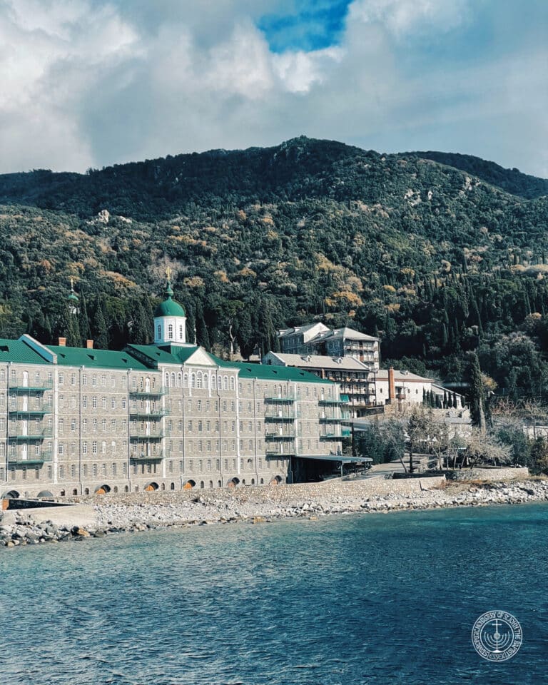Monastery of Saint Dionysius on Mount Athos, Greece, by the sea
