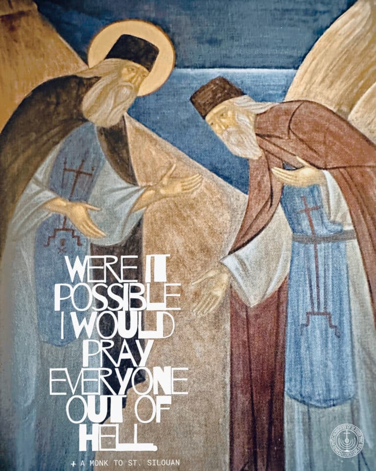 Were it possible I would pray everyone out of hell," text over an icon of two monks.