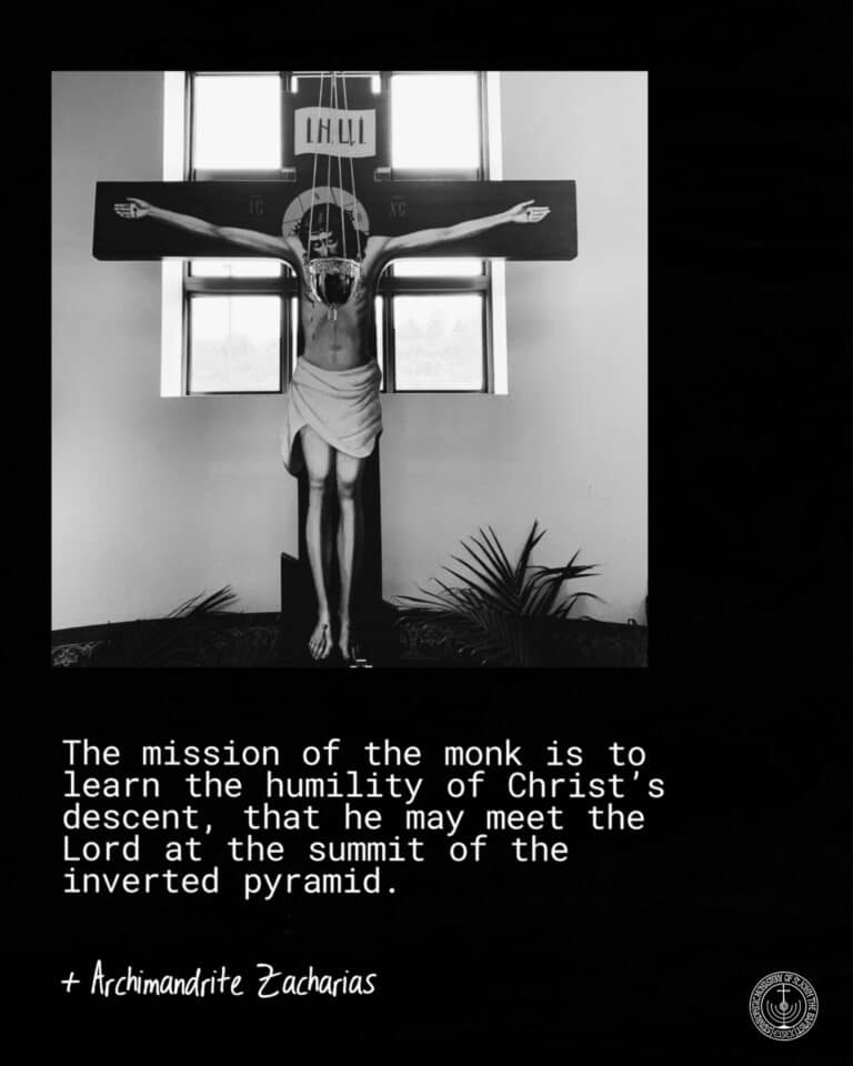 Crucifixion scene with text "The mission of the monk is to learn the humility of Christ's descent...